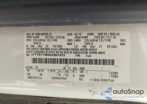 2019 Ford Transit-250 z USA, uszkodzony, nr VIN 1FTYR1YM5KKB01872